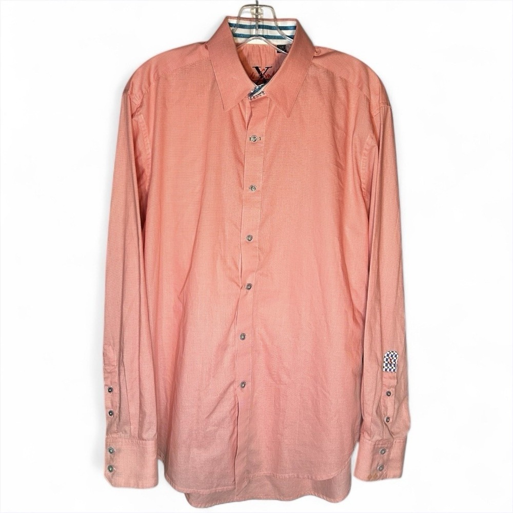 Robert Graham Mens Large Button-Up Shirt Salmon Long Sleeve Flip Cuffs Round Hem - Picture 1 of 9